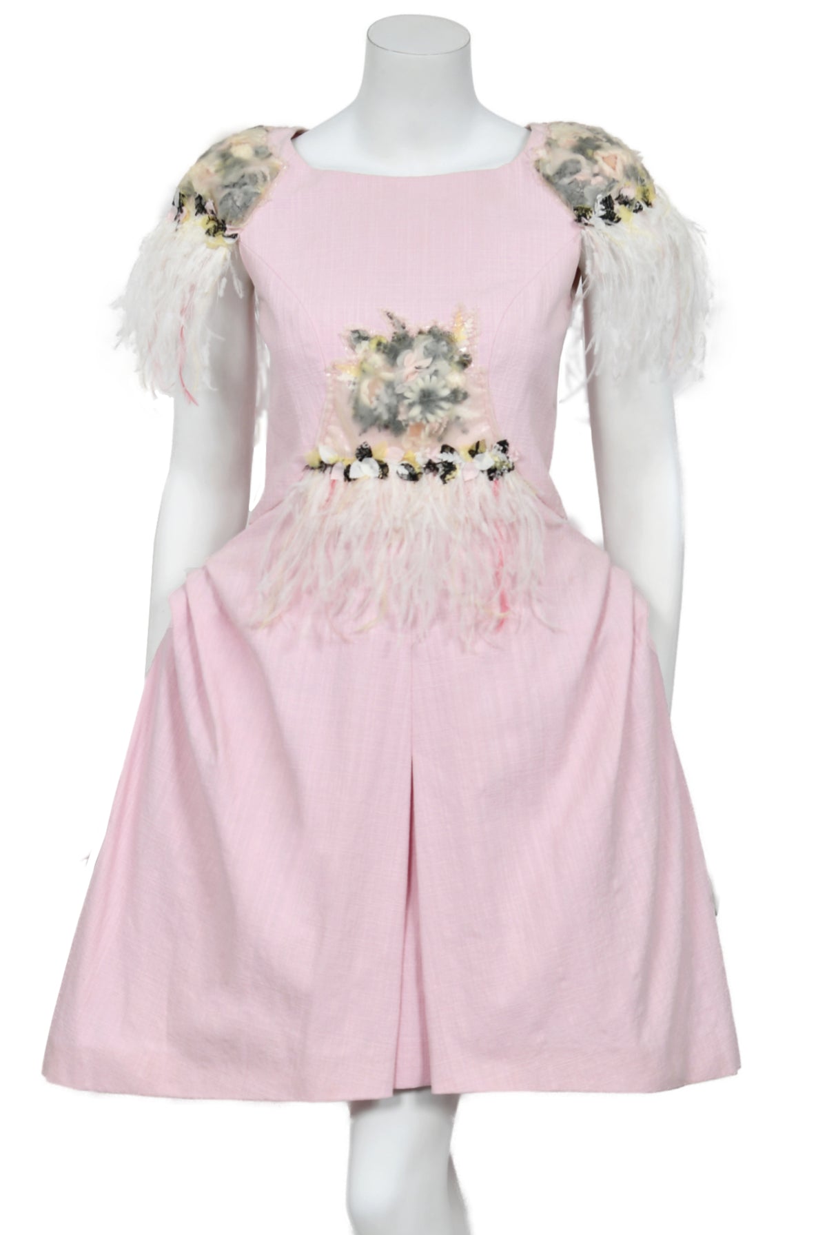 2013 Chanel by Karl Lagerfeld Runway Sample Pink Linen Floral Appliqué &amp; Feathers Dress