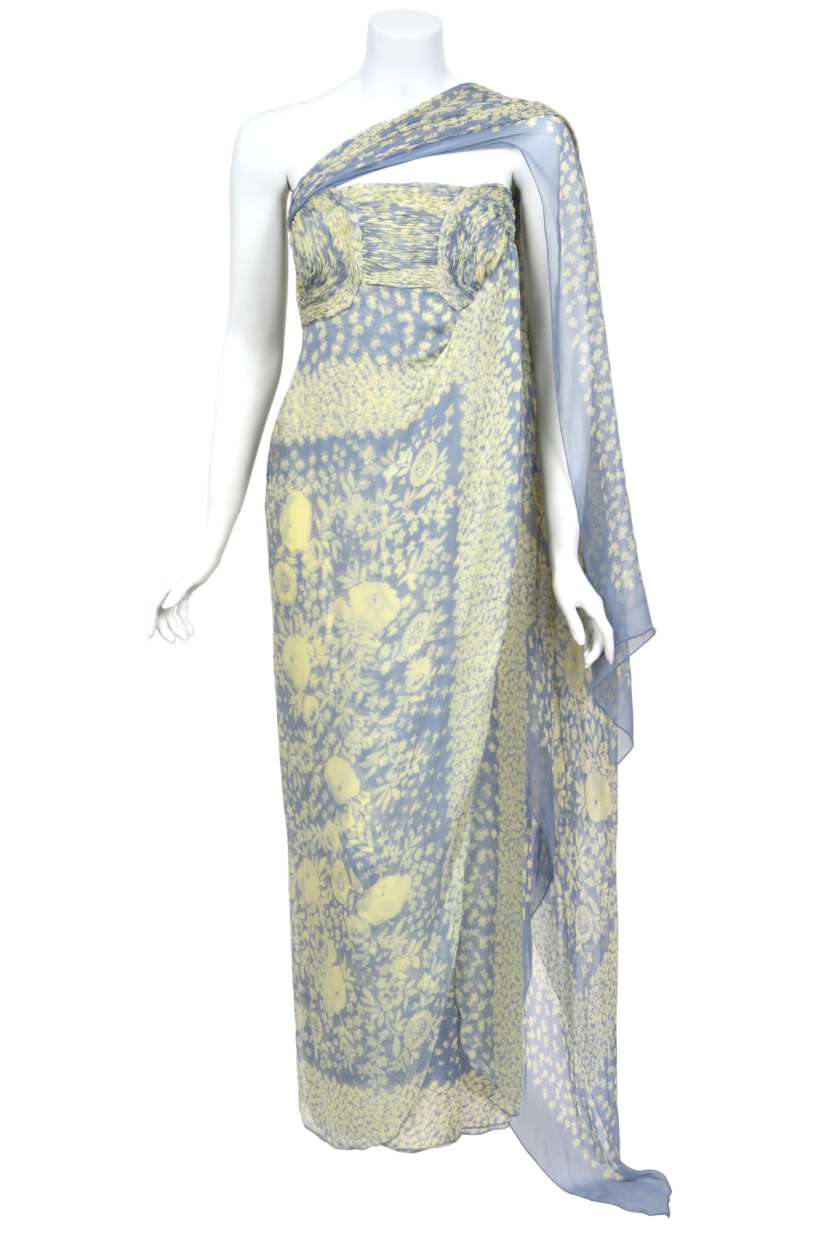 1995 Valentino Runway Periwinkle & Yellow Floral Print Silk Ruched Strapless Draped Gown