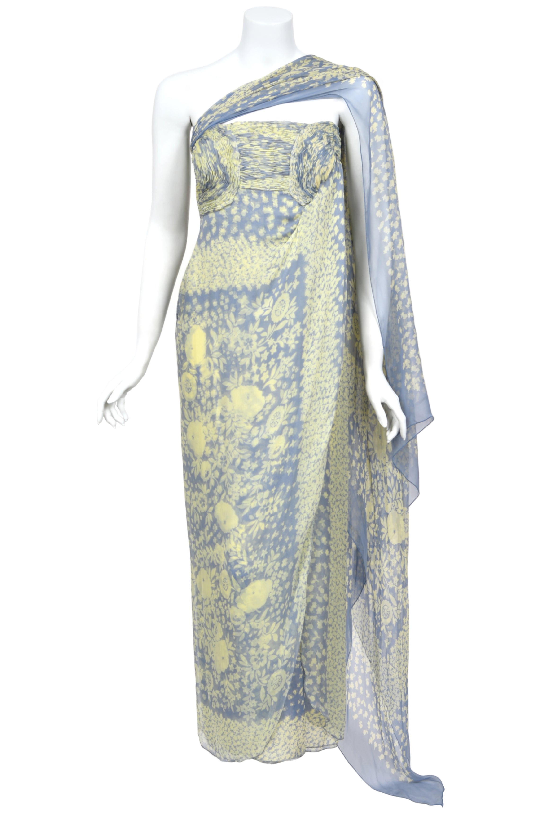 1995 Valentino Periwinkle & Yellow Floral Print Silk Strapless