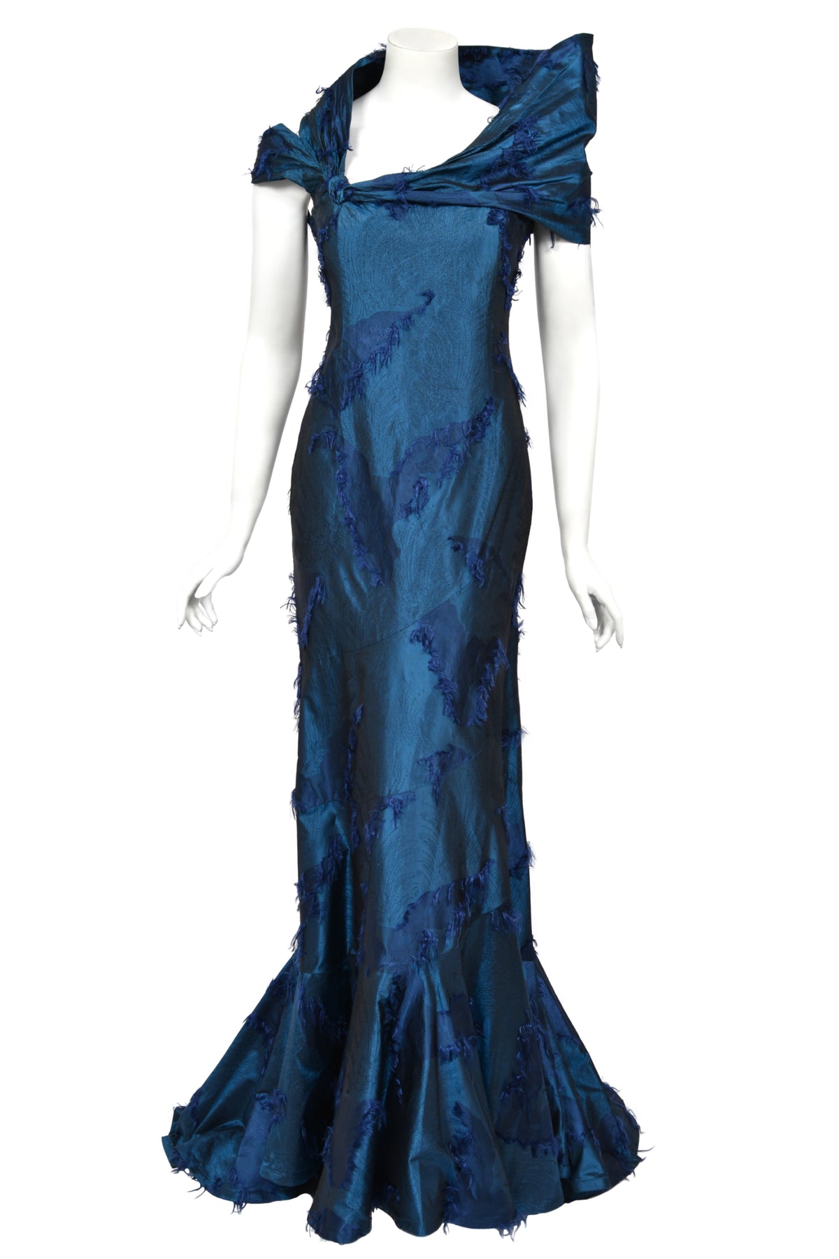 1999 Christian Dior by John Galliano Sapphire Blue Eyelash Silk Backless Bias-Cut Gown