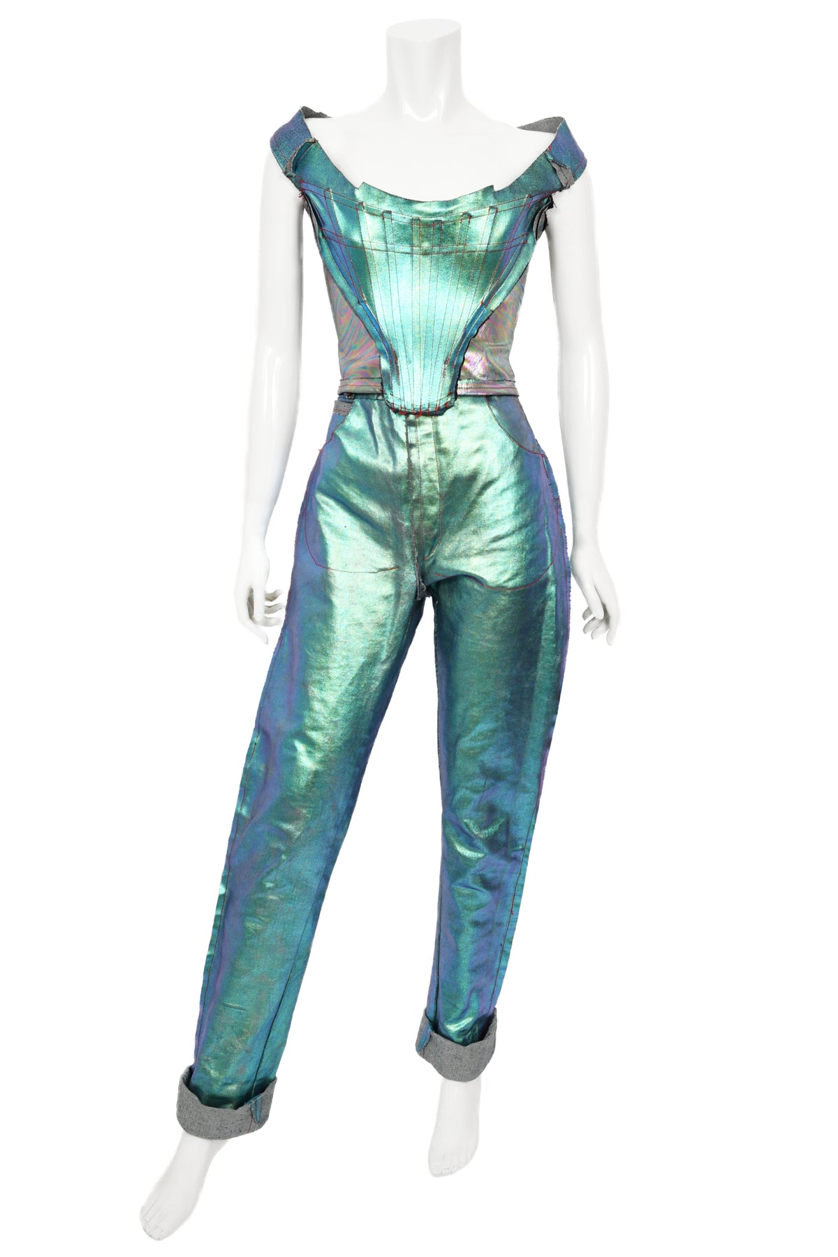 1993 Vivienne Westwood Runway Metallic Foiled Denim Corset Bustier &amp; Matching Pants
