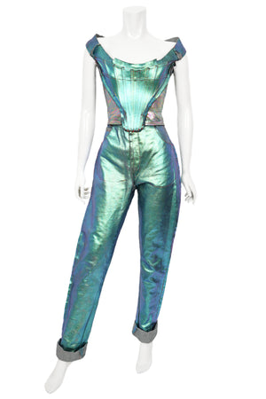 1993 Vivienne Westwood Runway Metallic Foiled Denim Corset Bustier & Matching Pants