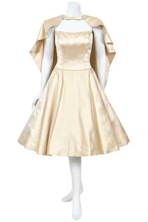 1950's Don Loper Couture Ivory Silk Satin Strapless Full-Skirted Dress w/ Detachable Cape