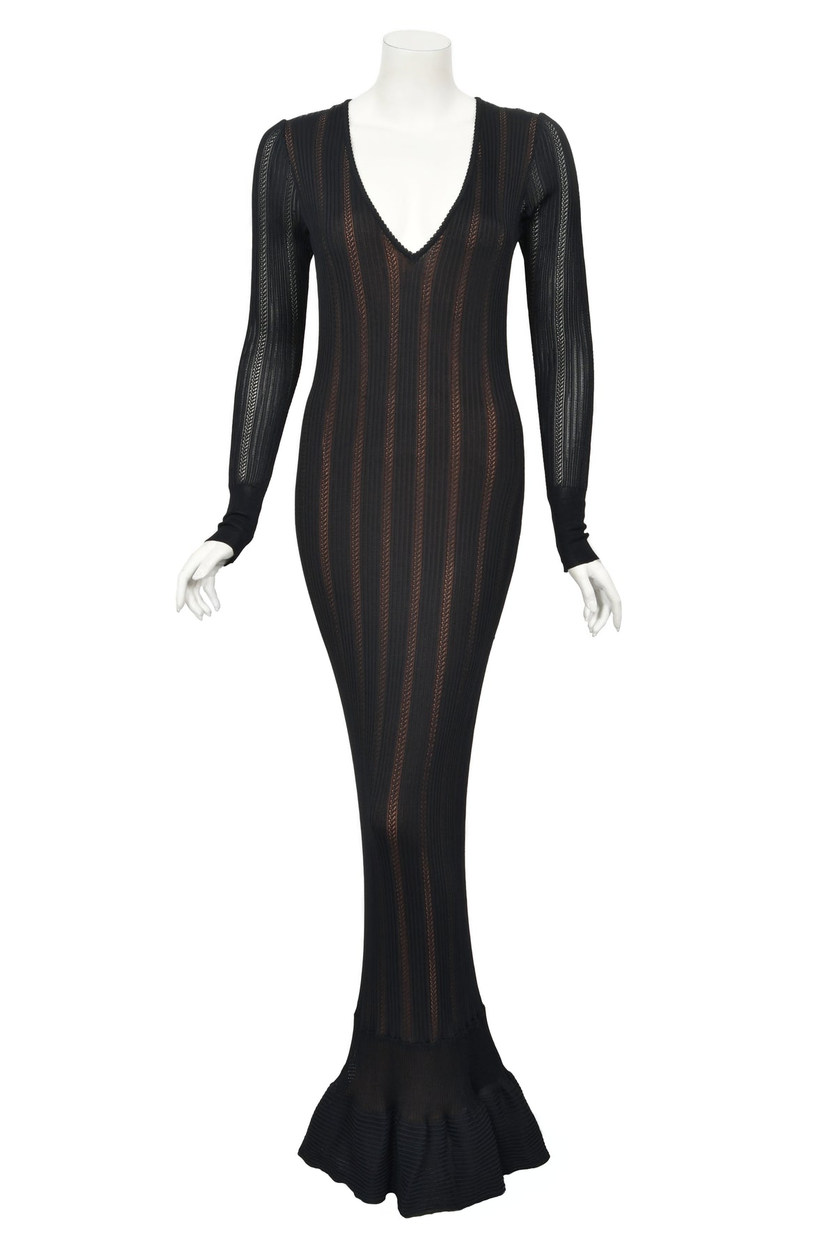 1996 Azzedine Alaia Black Nude-Illusion Knit Bodycon Floor Length Gown