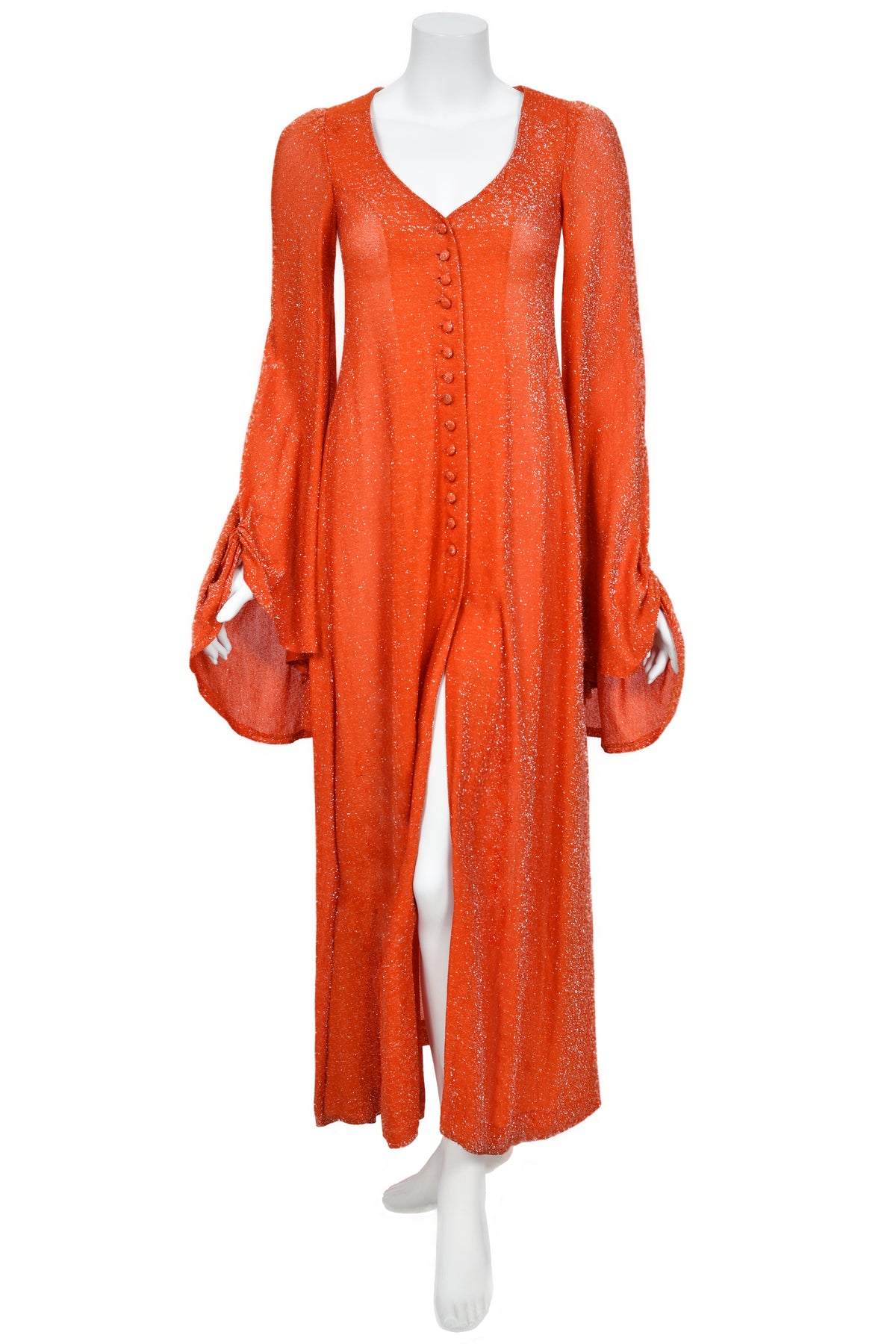 1974 Biba by Barbara Hulanicki Metallic Orange Lurex Angel-Sleeve High Slit Maxi Dress
