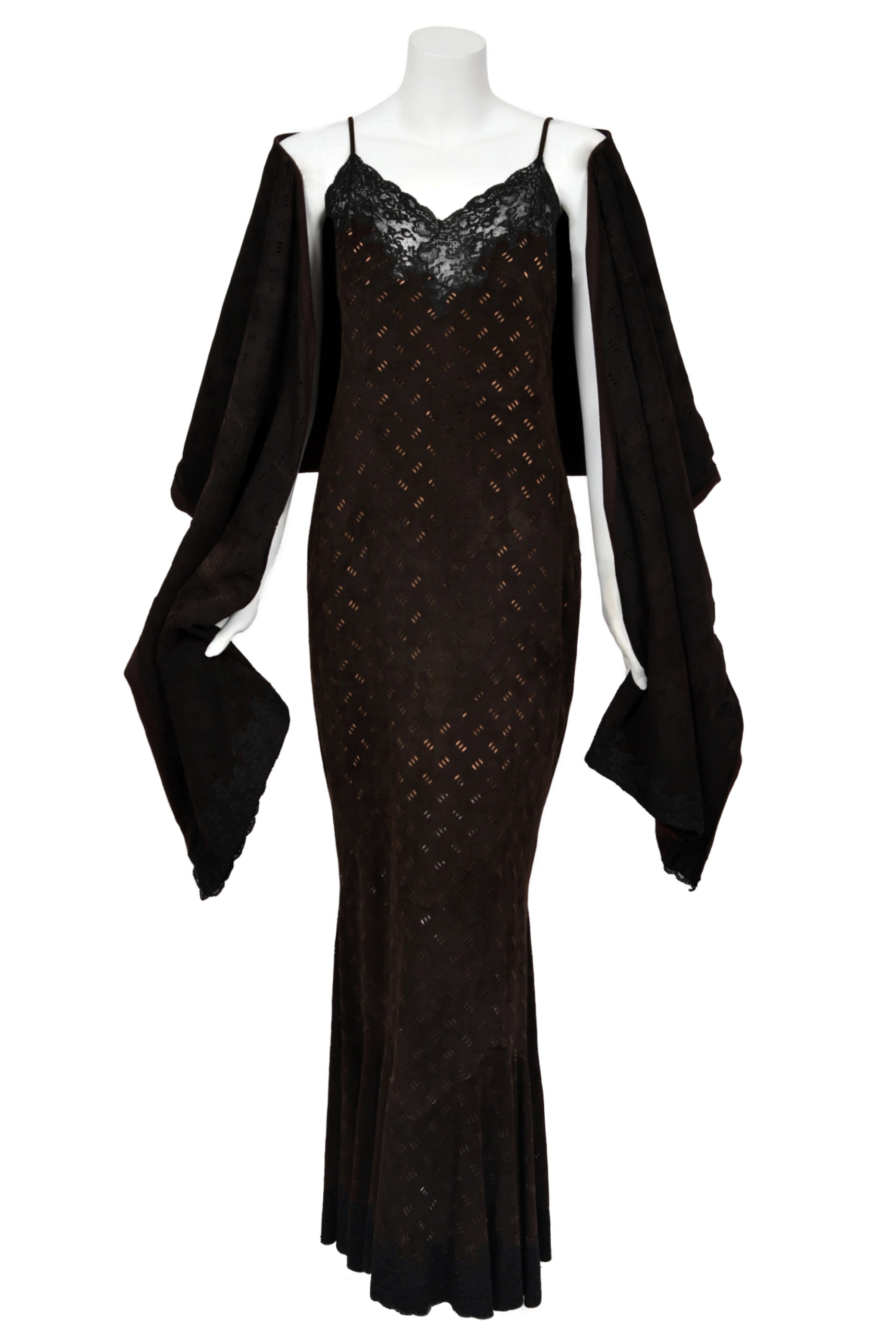 Vintage 1999 Christian Dior by John Galliano Brown Suede & Sheer Lace Bias-Cut Slip Gown w/ Shawl - Timeless Vixen Vintage 1999 Christian Dior by John Galliano Brown Suede & Sheer Lace Bias-Cut Slip Gown w/ Shawl - Timeless Vixen