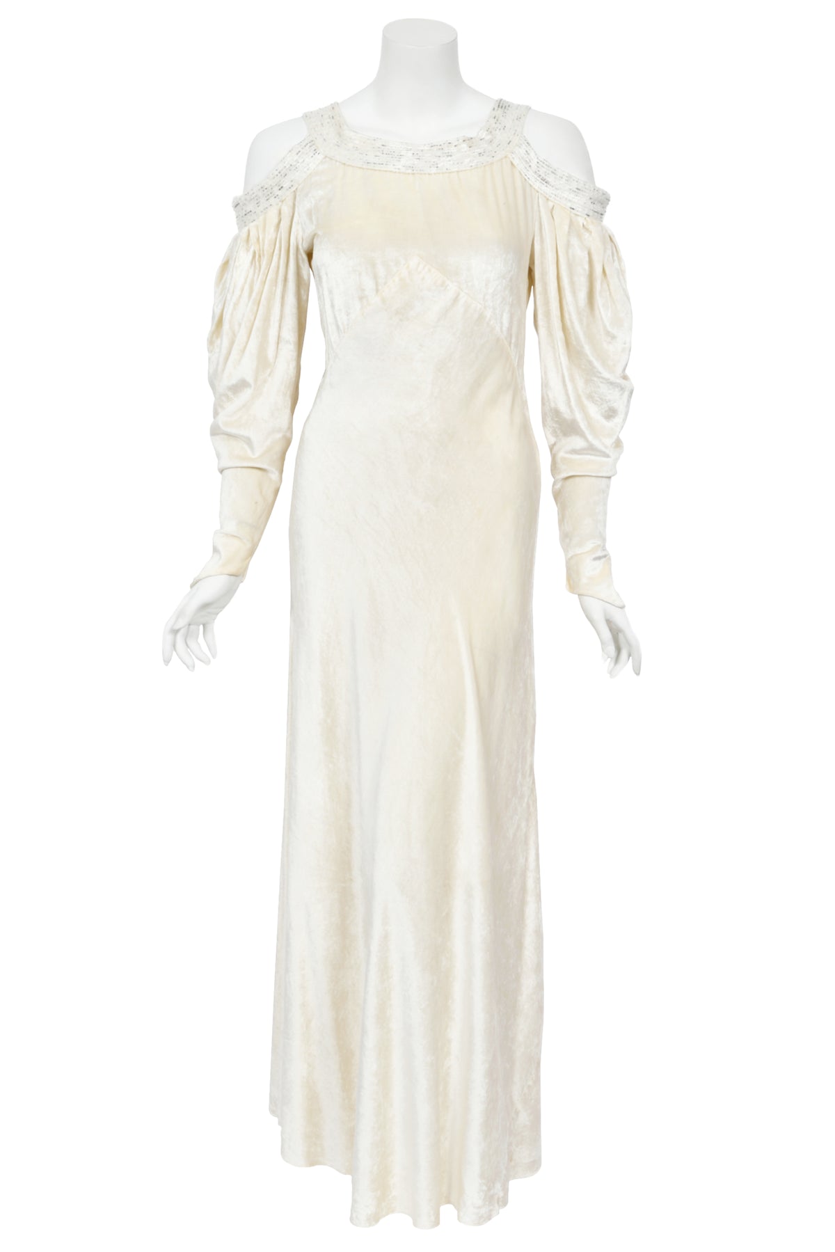 1930's Beaded Ivory Silk-Velvet Cut Out Shoulders Bias-Cut Old Hollywood Gown
