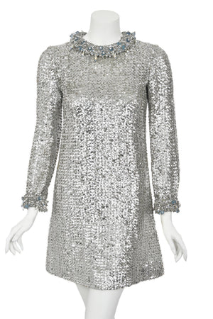 1966 Pierre Cardin Paris Metallic Silver Beaded Sequin Space-Age Mod Mini Dress