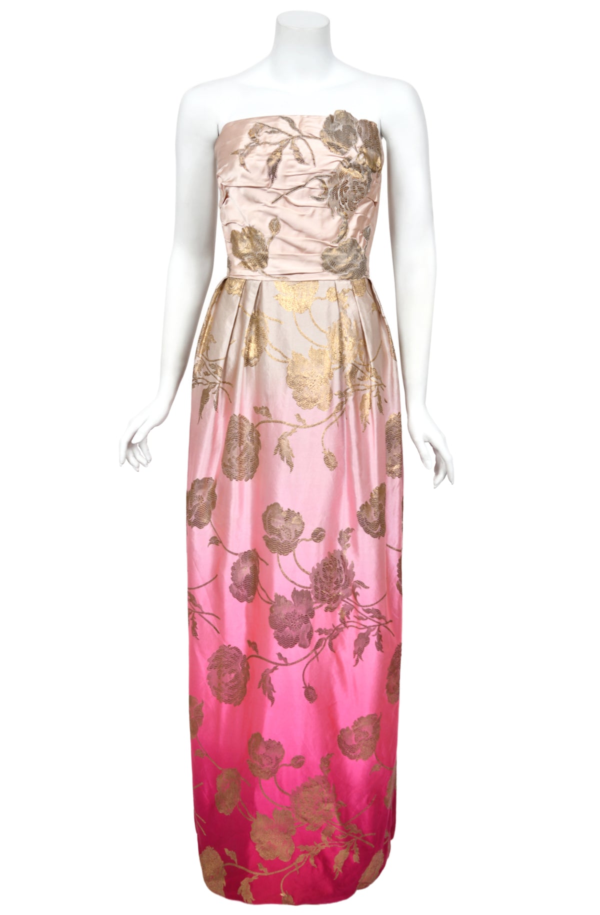 1950’s Philip Hulitar Couture Metallic Floral Ombré Pink Silk Satin Appliquéd Strapless Gown