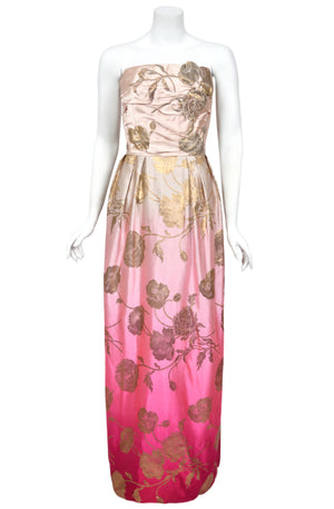 1950’s Philip Hulitar Couture Metallic Floral Ombré Pink Silk Satin Appliquéd Strapless Gown
