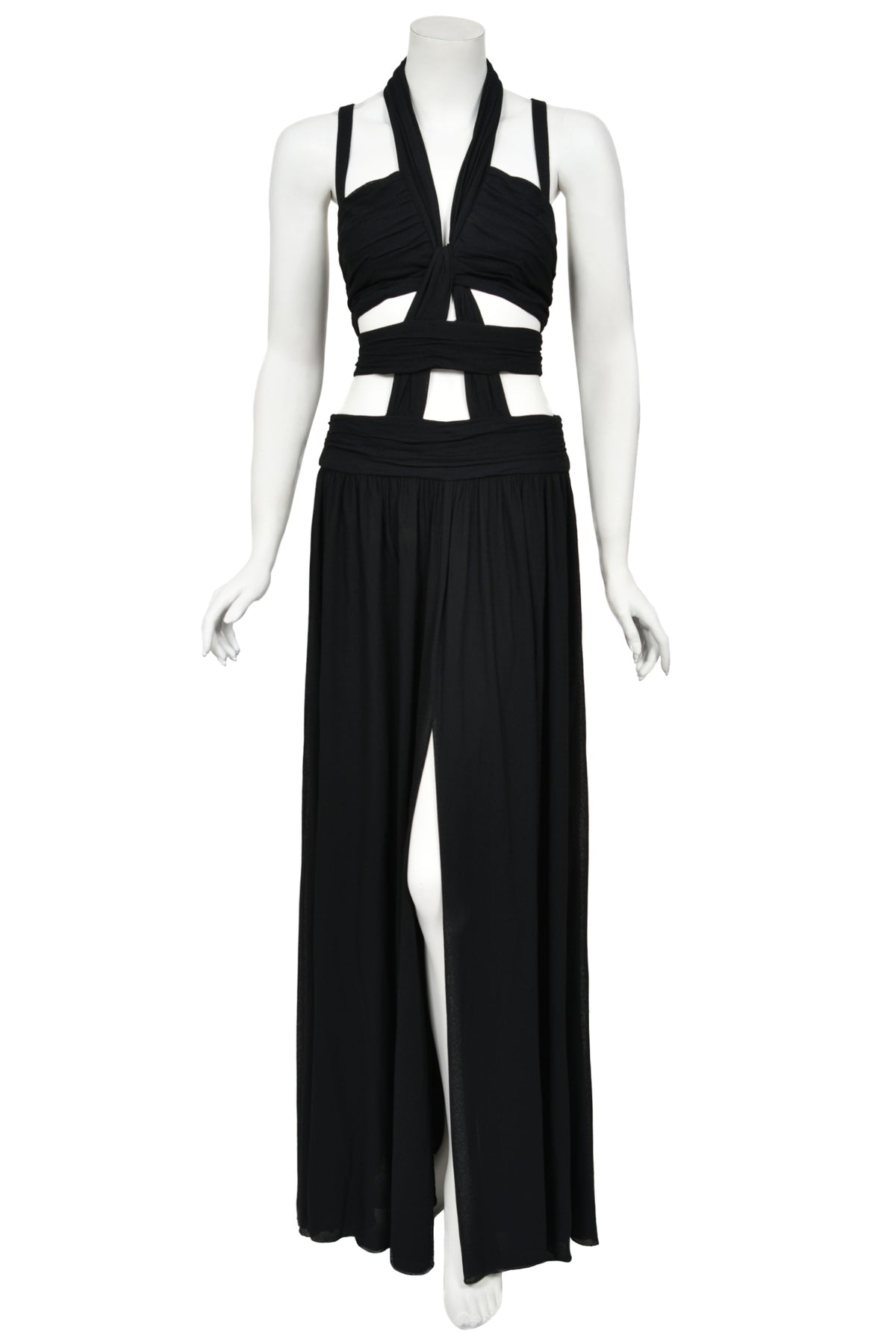 1995 Chanel by Karl Lagerfeld Iconic Runway Campaign Black Cut-Out High Slit Maxi Dress