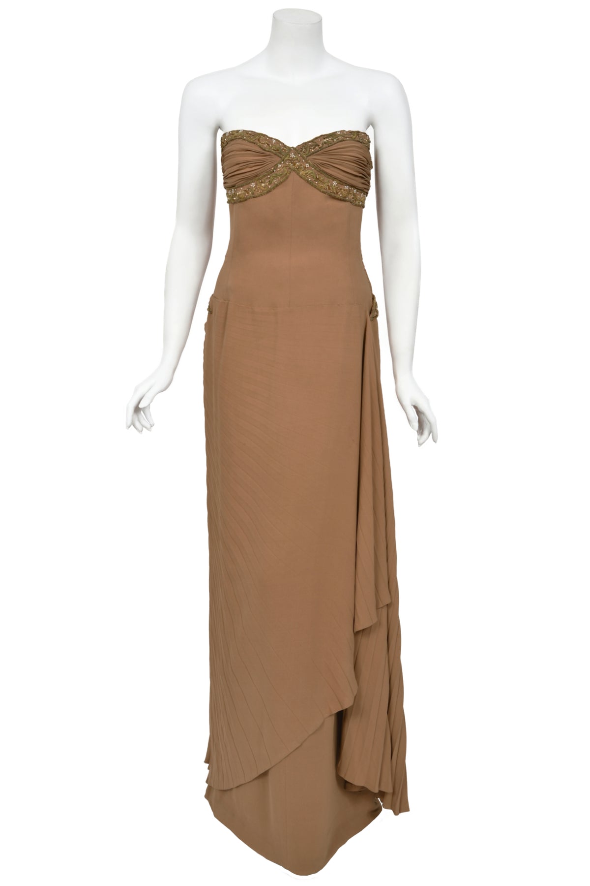 1950&#39;s Germana Marucelli Italian Couture Mocha Silk Pleated Strapless Gown