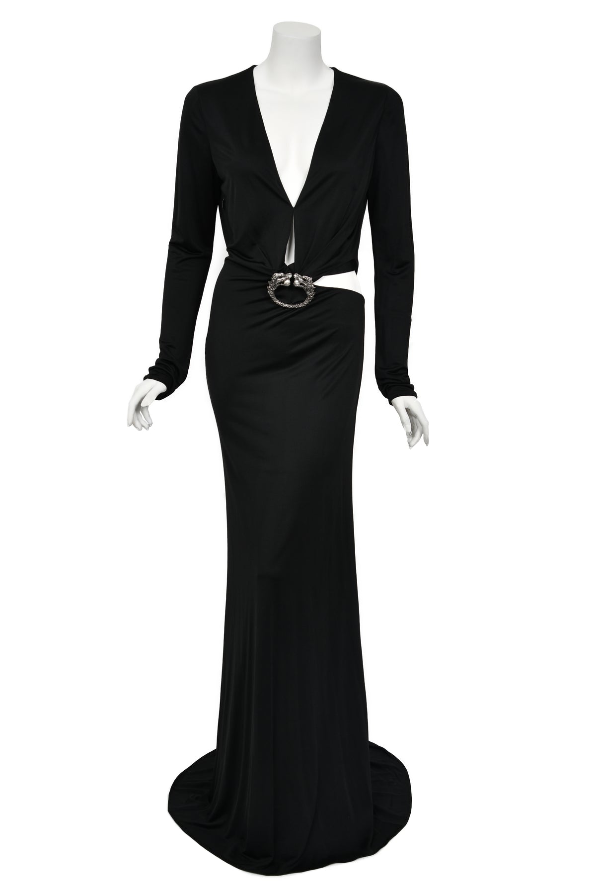 2004 Gucci by Tom Ford Black Silk Jersey Plunge Long Sleeve Cut-Out Finale Gown