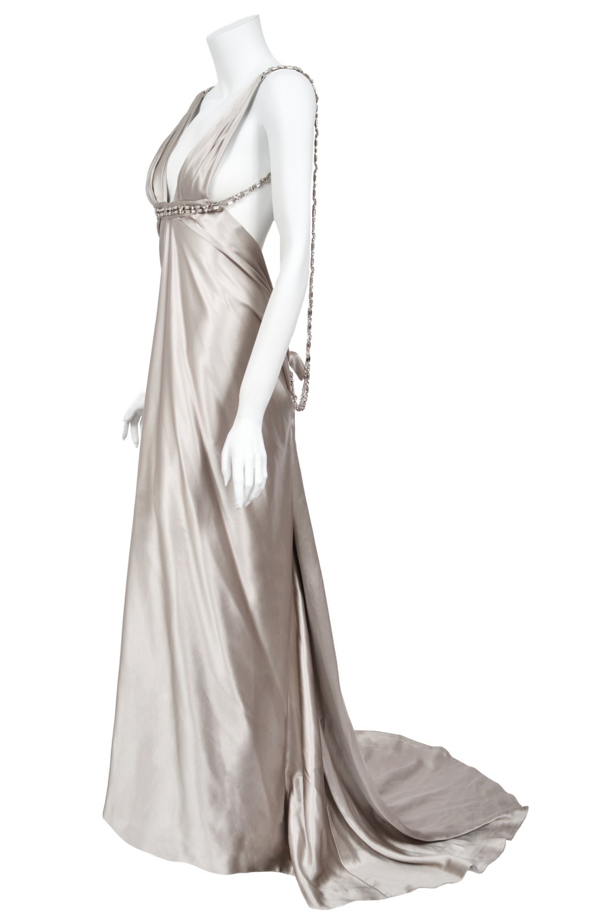 2006 Dsquared2 Platinum Silk Jeweled Backless Trained Glamour Gown