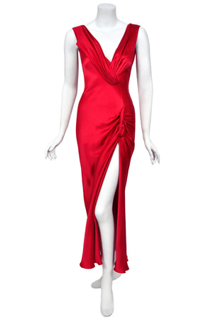 2003 Christian Dior by John Galliano Ruby Red Silk Low Cut Draped High Slit Bias-Cut Dress