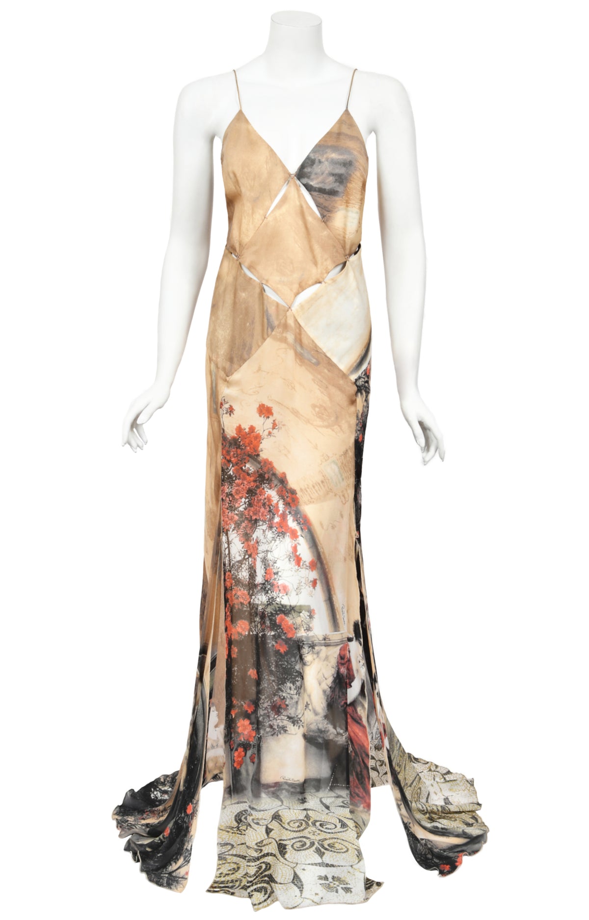 2004 Roberto Cavalli Runway Look 27 Metallic Silk &#39;Lady Print&#39; Cut-Out Gown