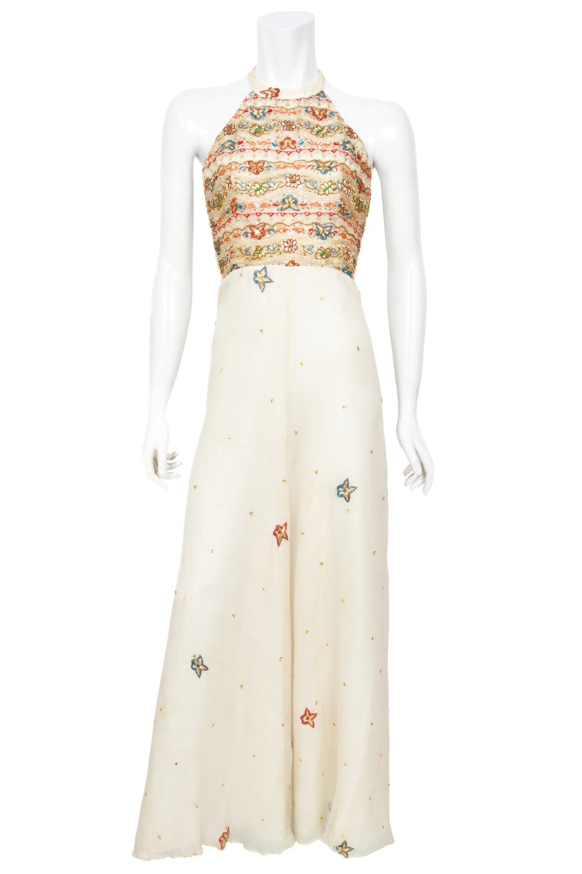 1979 Thea Porter Couture Metallic Gold Embroidered Ivory Silk-Chiffon Halter Gown