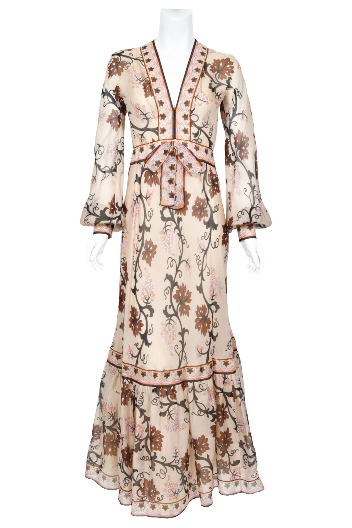 1972 Emilio Pucci Grapevine Motif Sheer Silk Organza Billow-Sleeve Maxi Dress