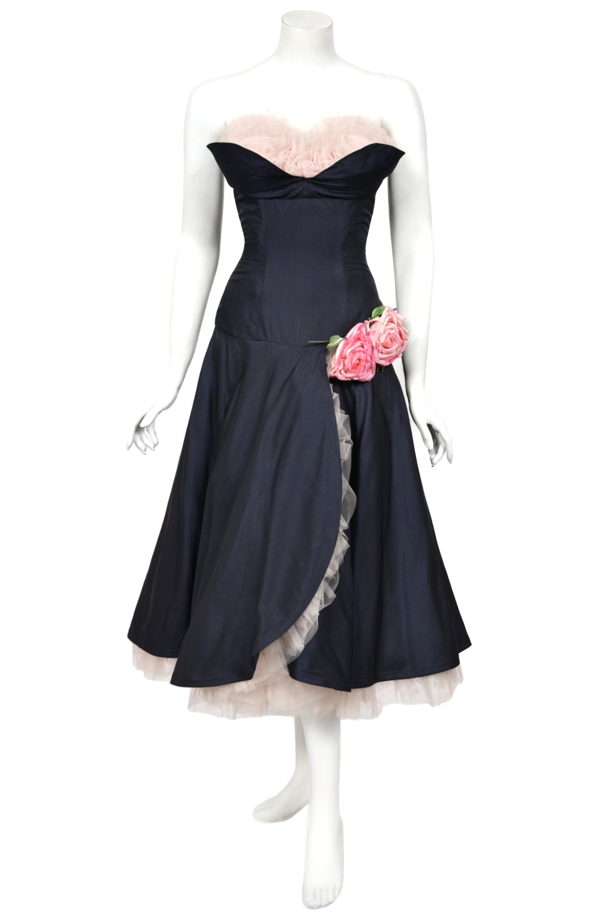 1950's Don Miguel of California Navy Silk &amp; Blush Pink Tulle Ruffle Shelf-Bust Strapless Dress