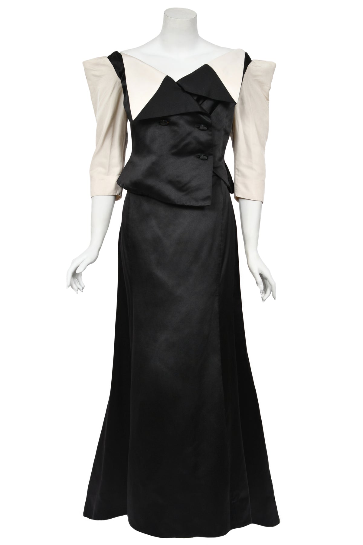 1999 Vivienne Westwood 'La Belle Helene' Collection Silk Off-Shoulder Corset Blouse & Full-Length Skirt Set