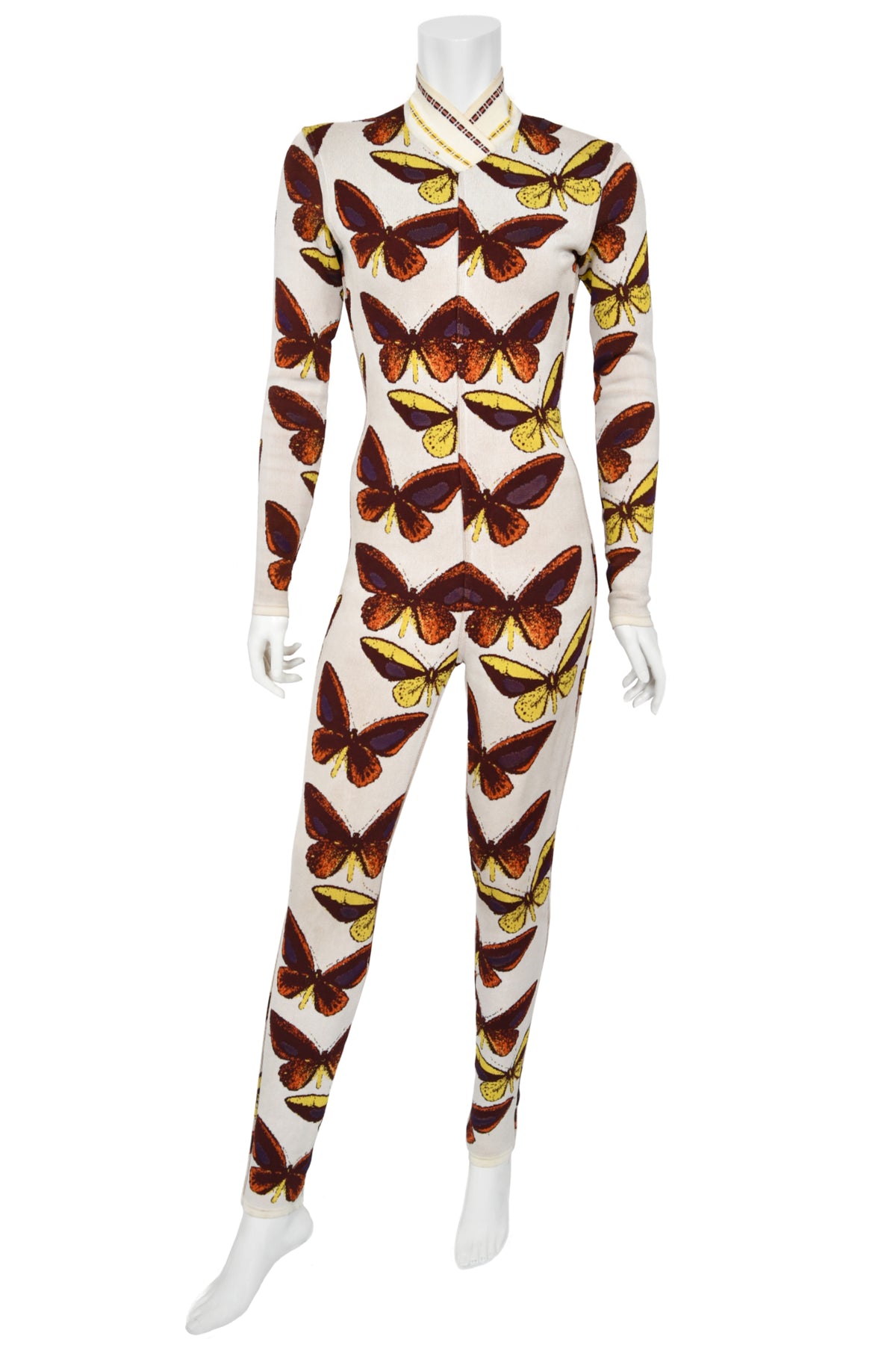 1991 Azzedine Alaïa Iconic Runway Butterfly Print Ivory Stretch Knit Bodycon Catsuit