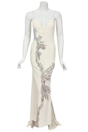 2002 Roberto Cavalli Runway Ivory Jeweled Stretch Silk Trained 'Cindy Crawford' Gown