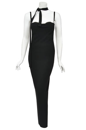 2001 Dolce & Gabbana Black Built-In Bra Necktie Straps Backless Gown