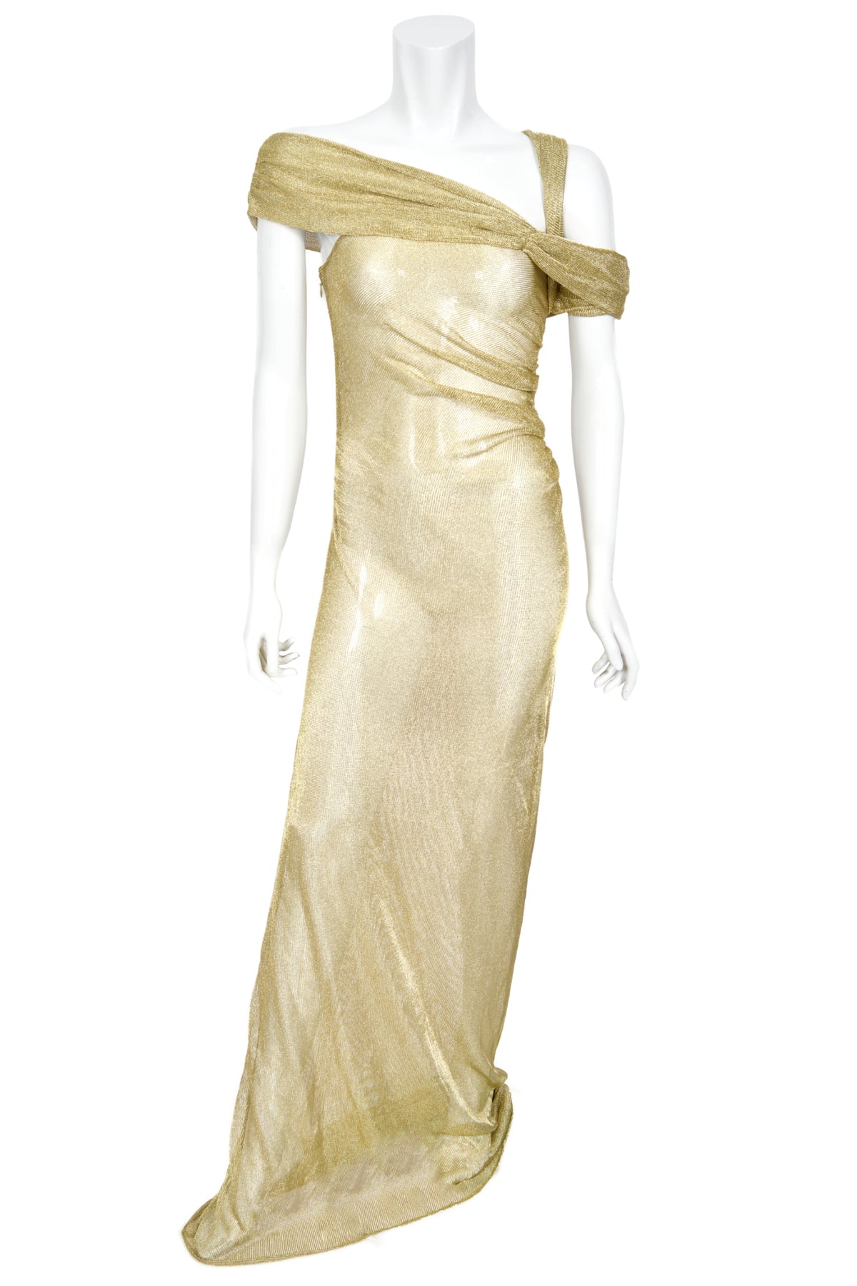 1999 Christian Dior by John Galliano Metallic Gold Sheer Mesh Asymmetric Maxi Gown