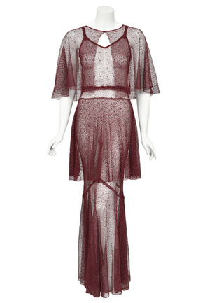 1930's French Sheer Burgundy Lace Tiered Bias-Cut Gown & Matching Capelet