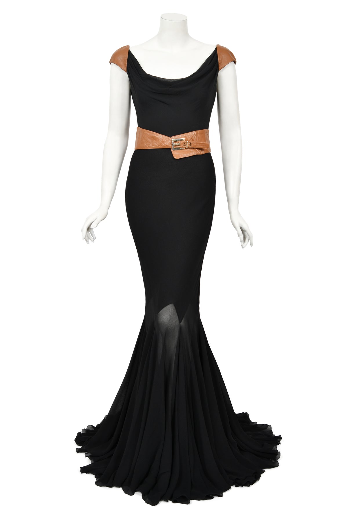 2001 Versace Couture Documented Runway Black Sheer Silk &amp; Leather Bias-Cut Gown