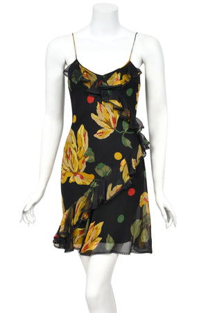 2004 John Galliano Large Scale Deco Floral Chiffon & Lace Bias-Cut Slip Dress