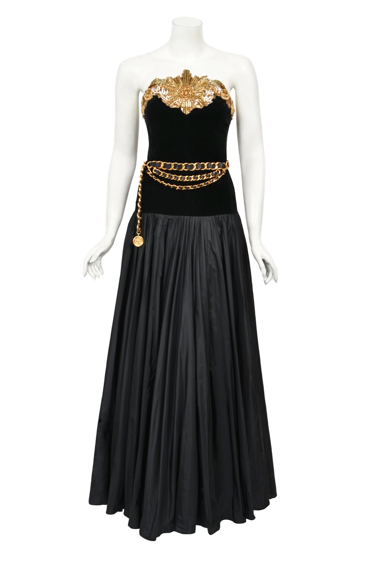 1985 Chanel Documented Runway Metallic Beaded Gold Lamé &amp; Black Silk Strapless Gown