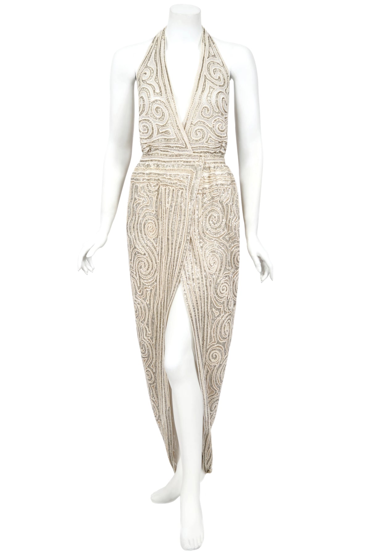 1982 Halston Runway Beaded Sheer Illusion Champagne Lace Backless Halter Wrap Gown