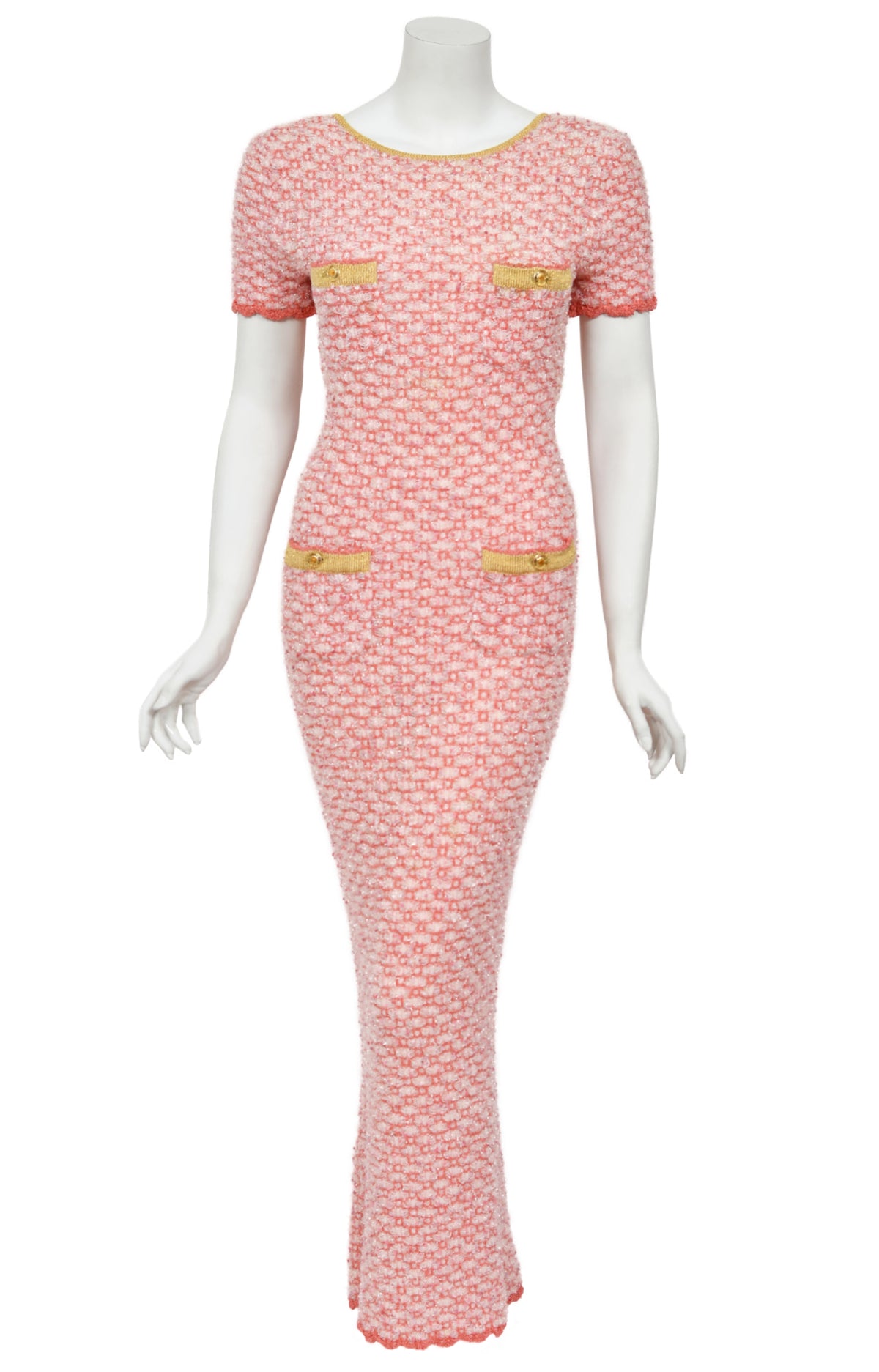 1997 Chanel by Karl Lagerfeld Runway Metallic Pink Stretch Knit Maxi Dress