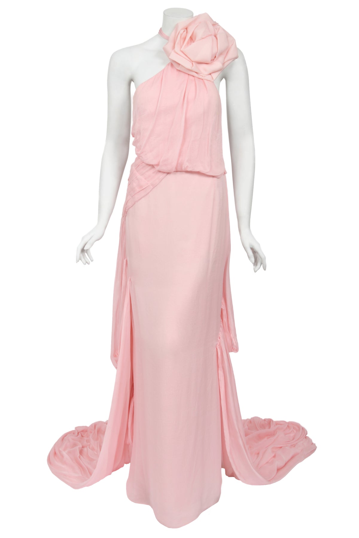 2008 Emanuel Ungaro Runway Blush-Pink Silk Floral Appliqué Trained Gown