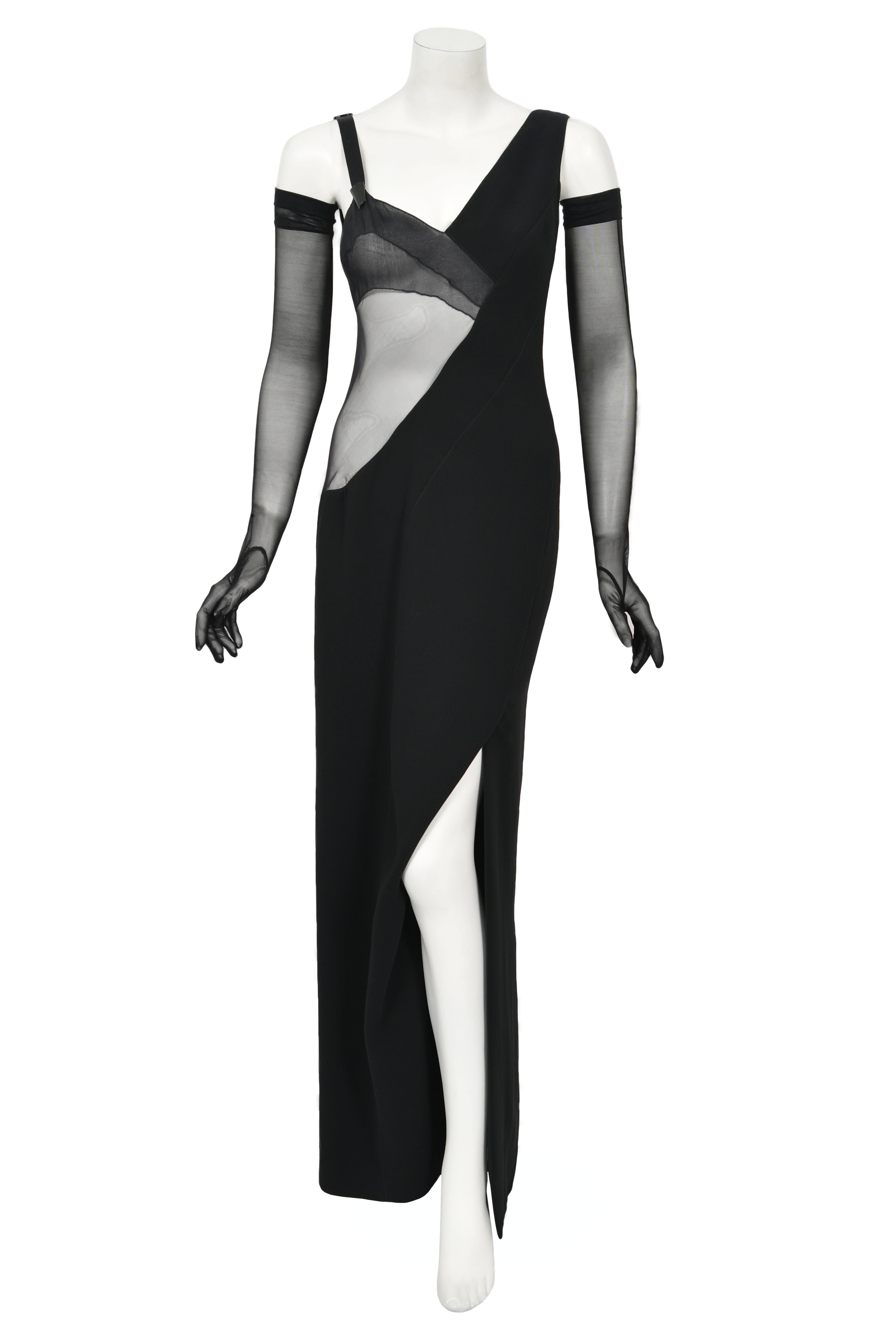 Vintage 1998 Thierry Mugler Documented Runway Sheer Black Silk Asymmetric High-Slit Gown - Timeless Vixen Vintage 1998 Thierry Mugler Documented Runway Sheer Black Silk Asymmetric High-Slit Gown - Timeless Vixen