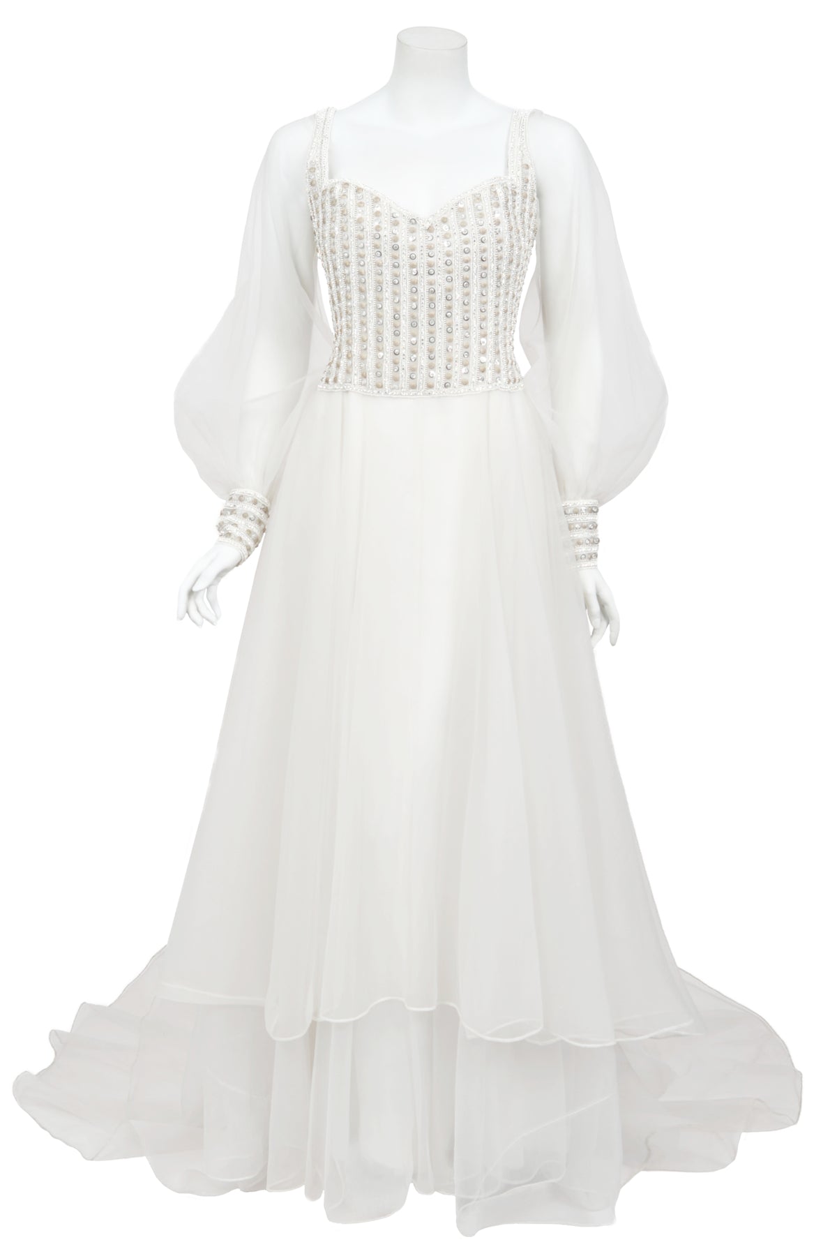 1972 Christian Dior Couture White Beaded Sheer Silk Billow-Sleeve Bridal Gown w/ Matching Veil