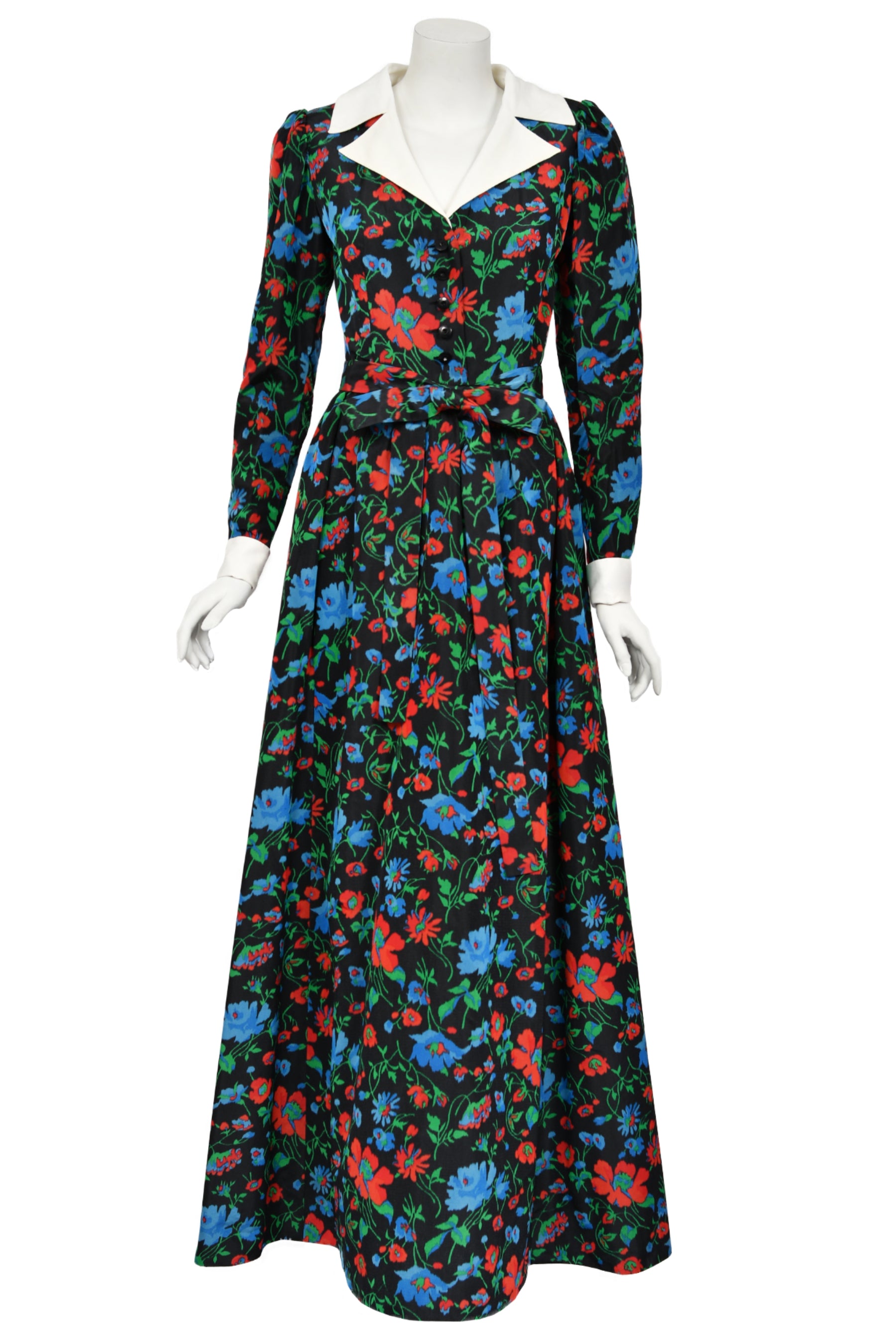 1972 Yves Saint Laurent Haute Couture Floral Silk Collar Cuff Gown