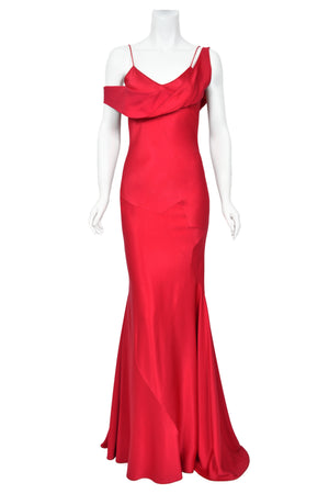 1994 John Galliano Ruby Red Off Shoulder Bias-Cut Gown Worn by Raquel Welch