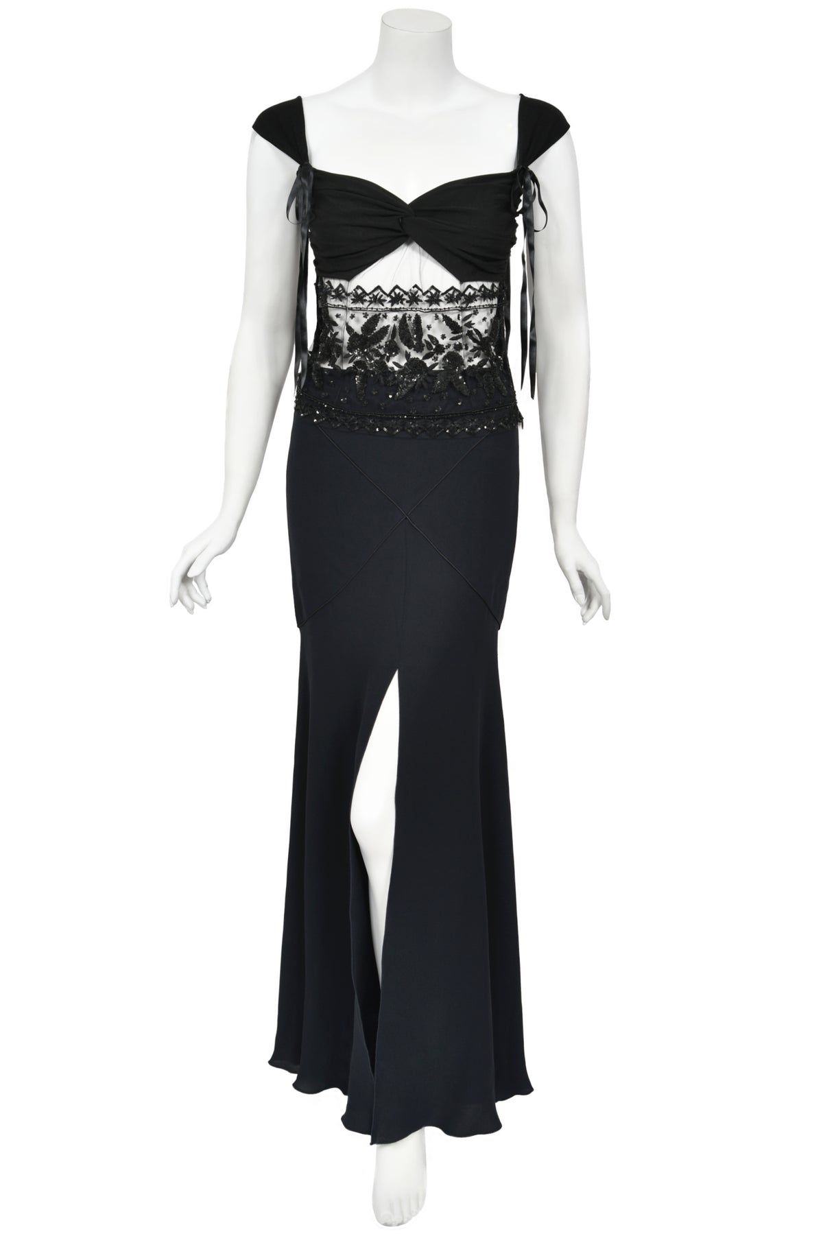 2004 Valentino Runway Black Silk Beaded Sheer Cut-Out Blouse &amp; Bias-Cut Skirt Set