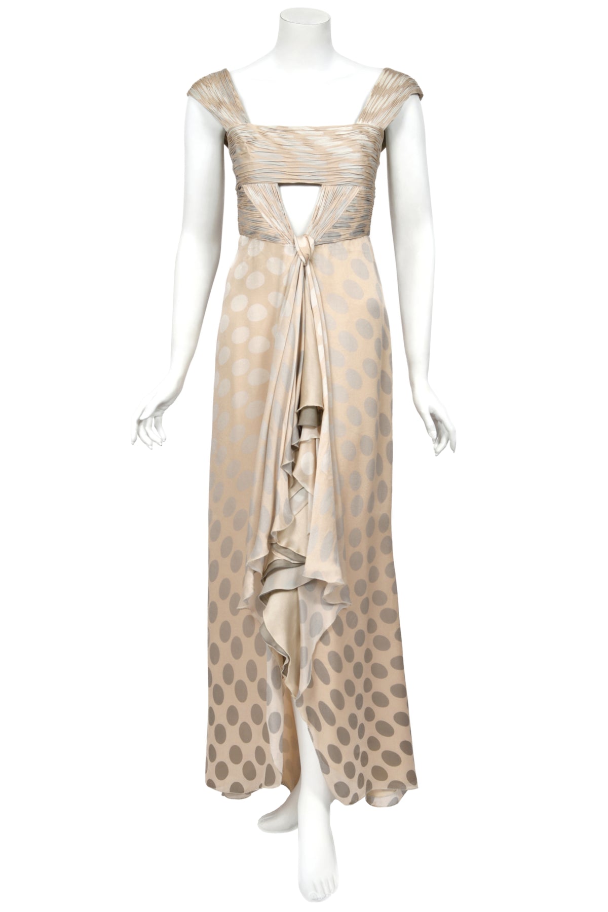 2008 Valentino Runway Polka-Dot Champagne &amp; Silver Silk Ruched Cut-Out Gown