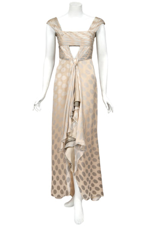 2008 Valentino Runway Polka-Dot Champagne & Silver Silk Ruched Cut-Out Gown