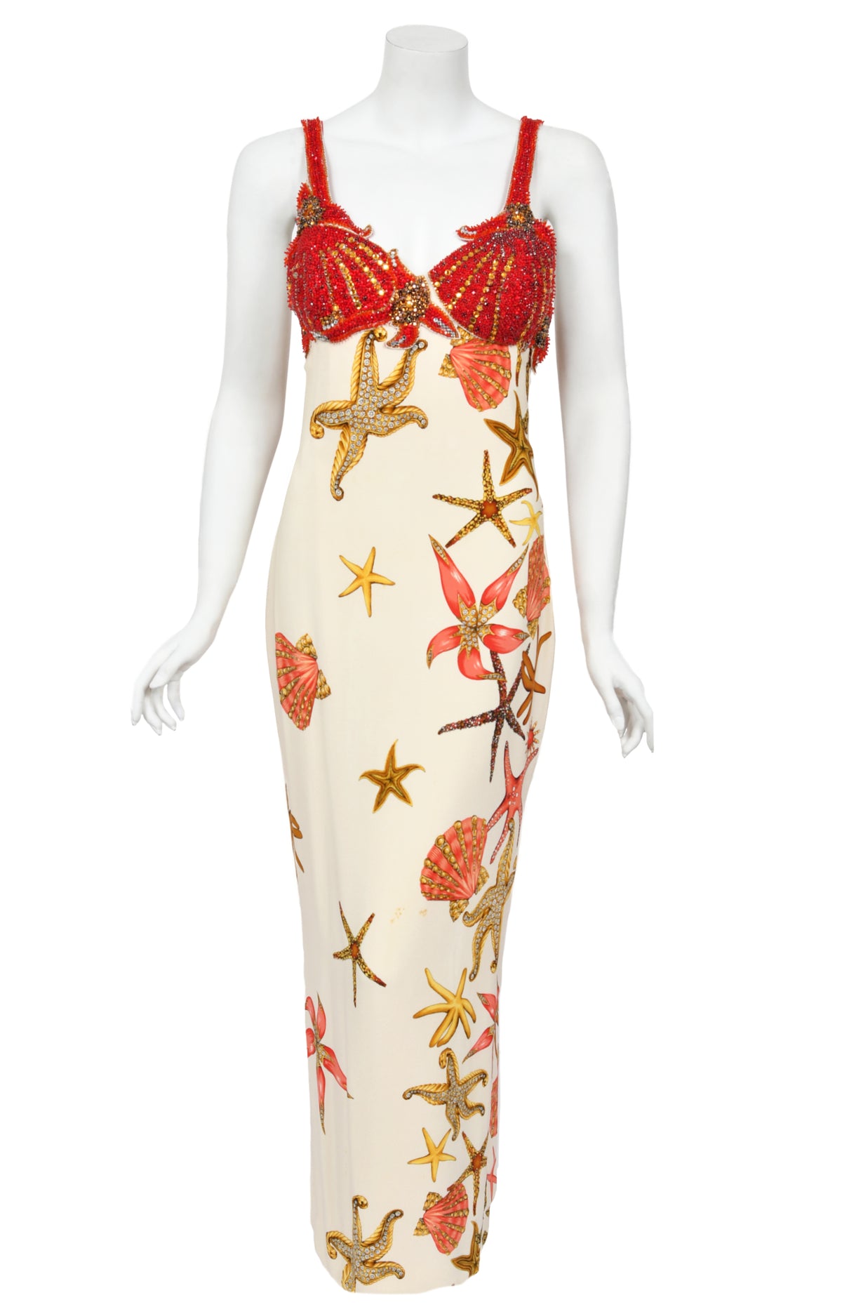 1992 Gianni Versace Iconic Crystal Beaded &#39;Seashell&#39; Print Silk Hourglass Gown