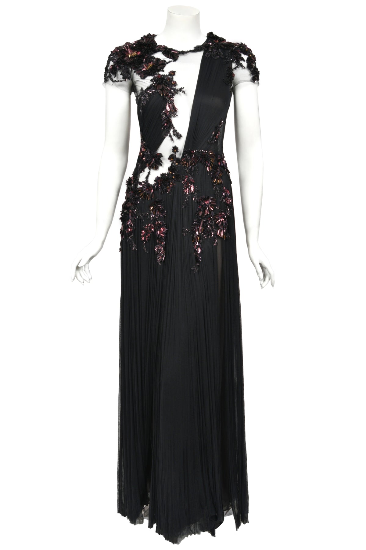 2012 Gucci Runway Editorial Heavily Embellished Sequin Sheer Black Pleated Tulle Gown