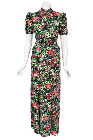 1930's Fashion Originators Guild Rhinestone Studded Floral Silk Neck-Bow Gown