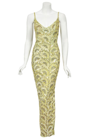 1950's Jacqueline Paris Couture Chartreuse Fully-Beaded Backless Hourglass Gown