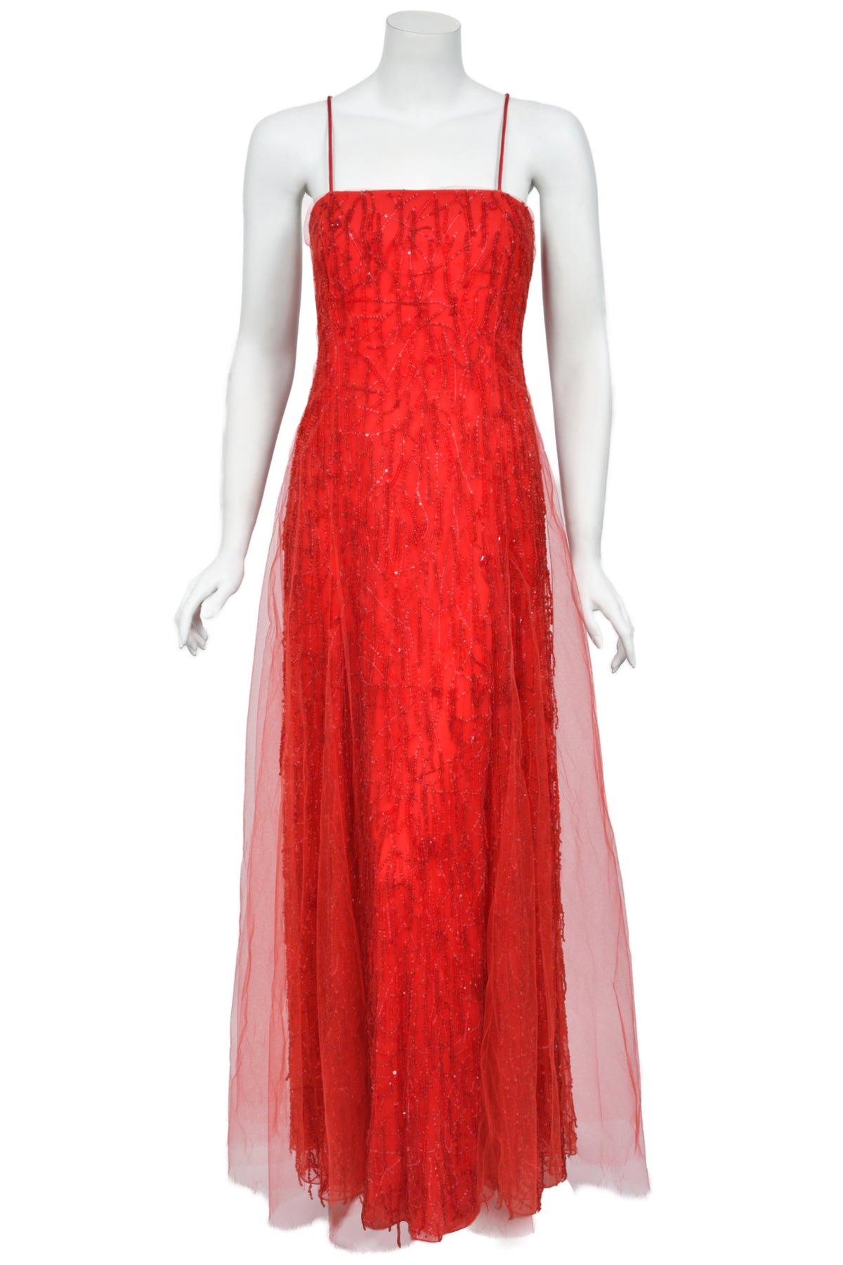 2001 Giorgio Armani 'Kate Moss for Vogue' Magazine Cover Fully-Beaded Ruby Red Silk Tulle Finale Gown