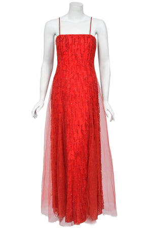 2001 Giorgio Armani 'Kate Moss for Vogue' Magazine Cover Fully-Beaded Ruby Red Silk Tulle Finale Gown