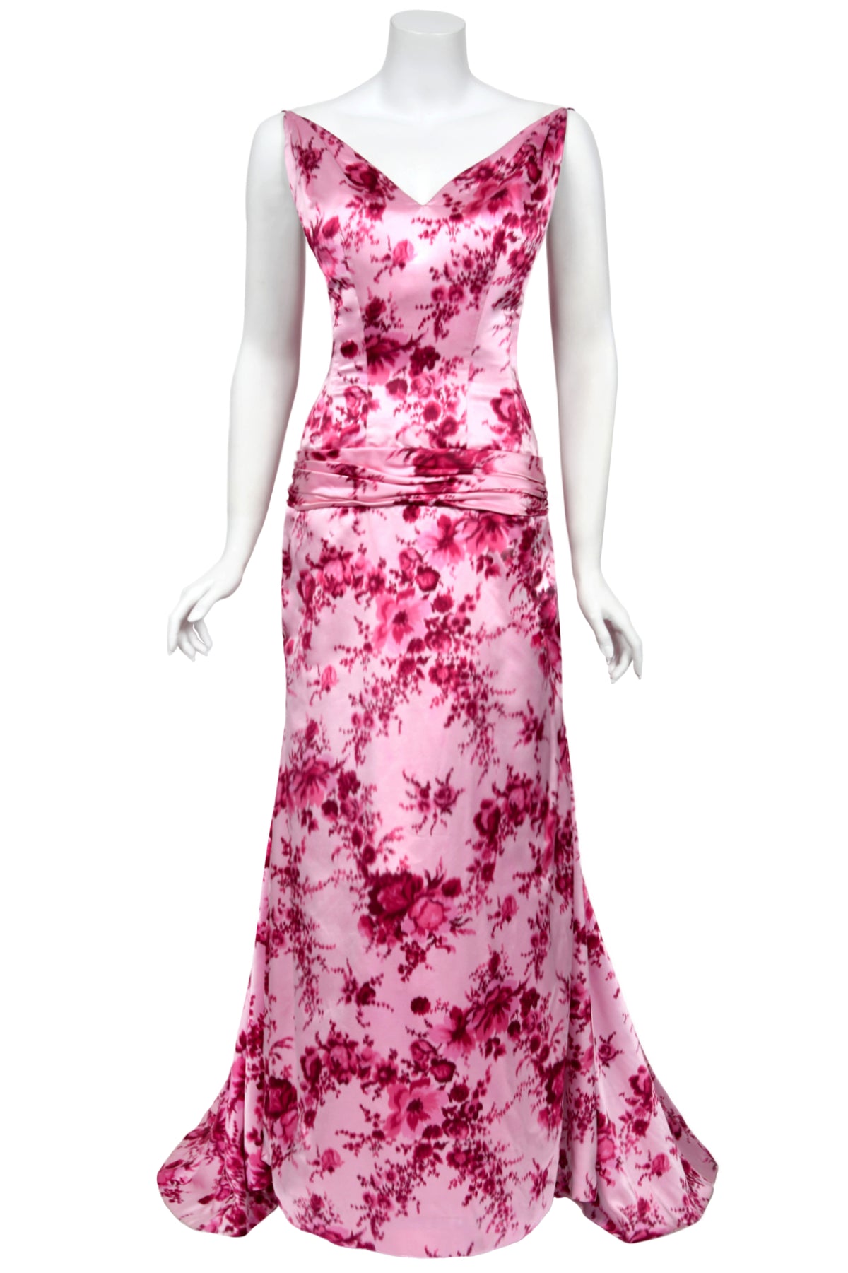 1955 Samuel Winston Vogue Documented Pink Floral Silk Satin Sculptural Trained Gown