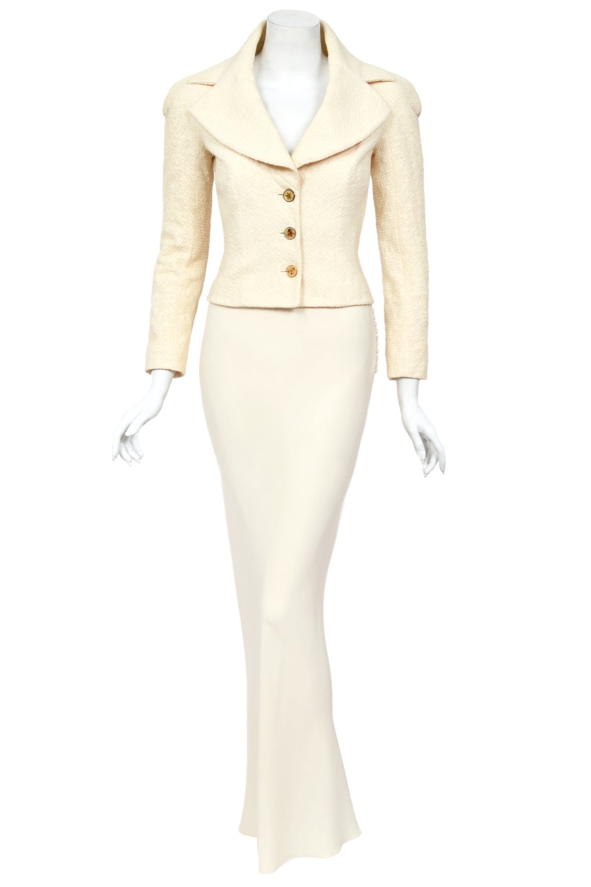 1998 John Galliano 'Haut Bohème' Collection Ivory Fitted Textural Jacket & Bias-Cut Maxi Skirt Set